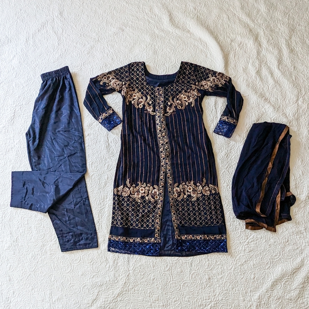 Indian Pakistani Women's 3-Piece Kameez Trouser Outfit - Midnight Blue - Picture 1 of 8